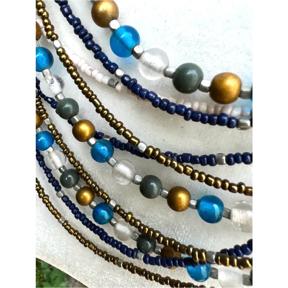 Vintage Egypt-Inspired Statement Necklace | Layered Turquoise Navy Gold Beads - Picture 10 of 12